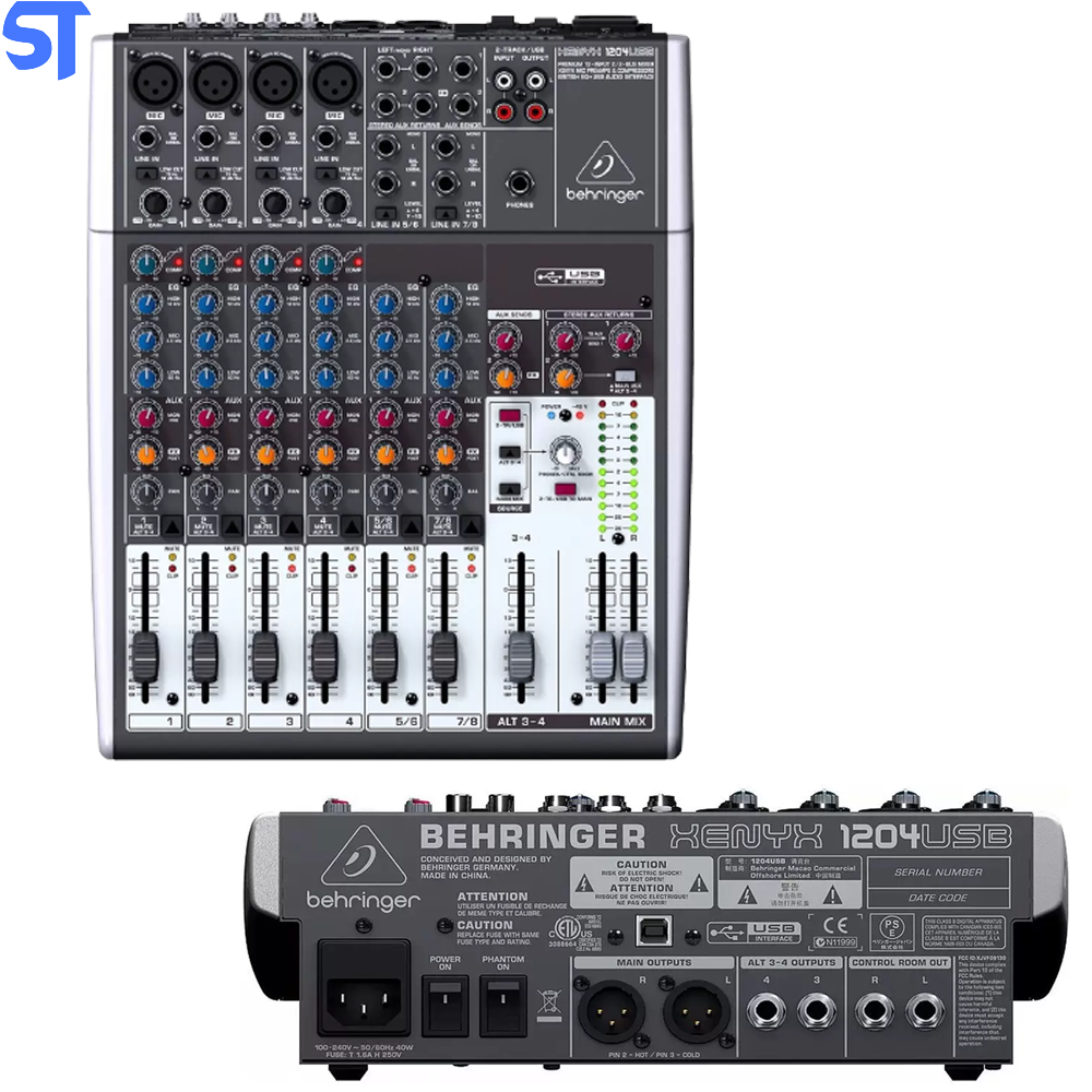 Mesa 4 canais XLR + 2 Estéreo USB Behringer XENYX 1204USB